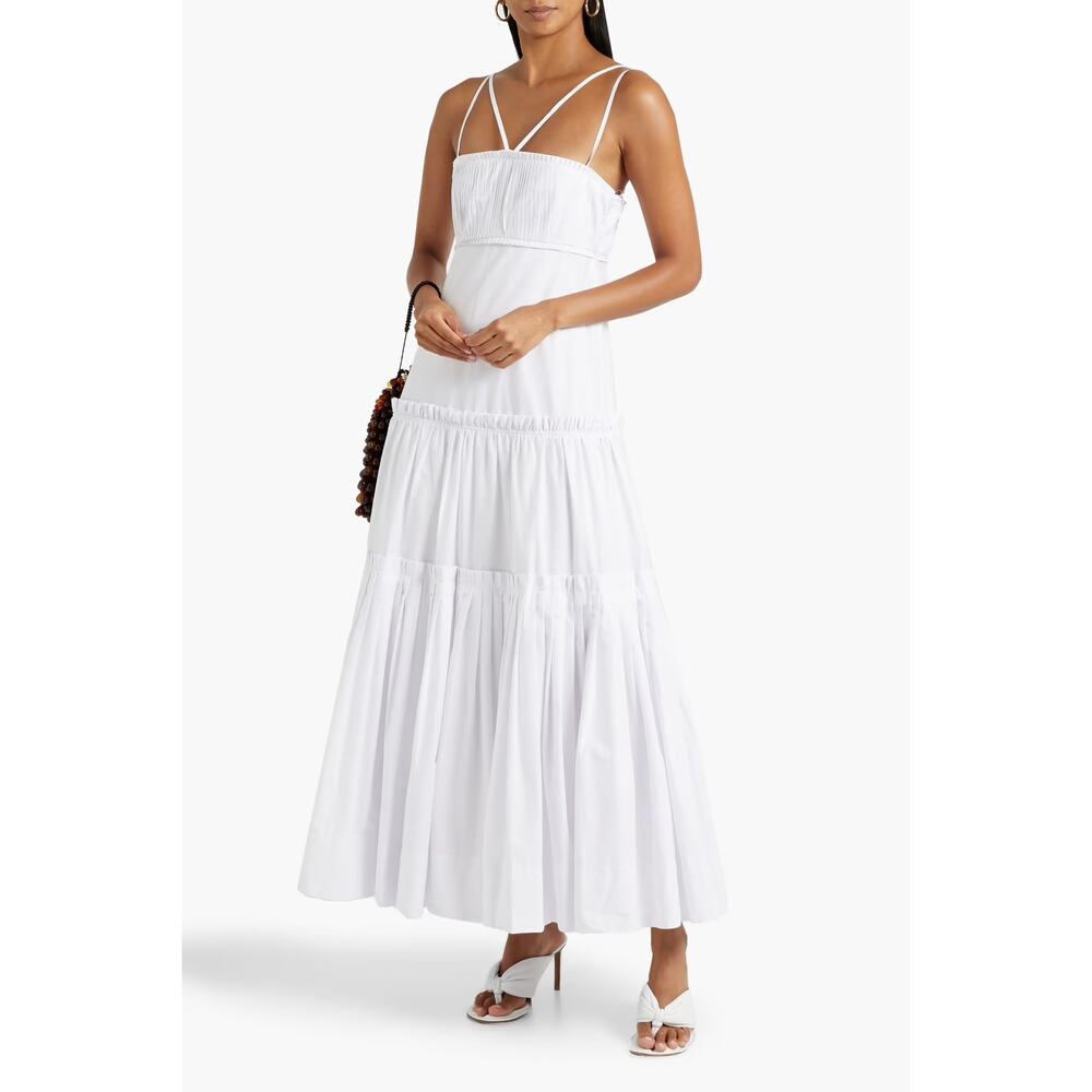 Nicholas Novi Dress Tiered Poplin Maxi White Tiered Pleated Sleeveless Sz 4 US